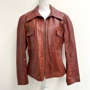 Vintage 70s genuine leather zip front coat western pointed collar size 44 large